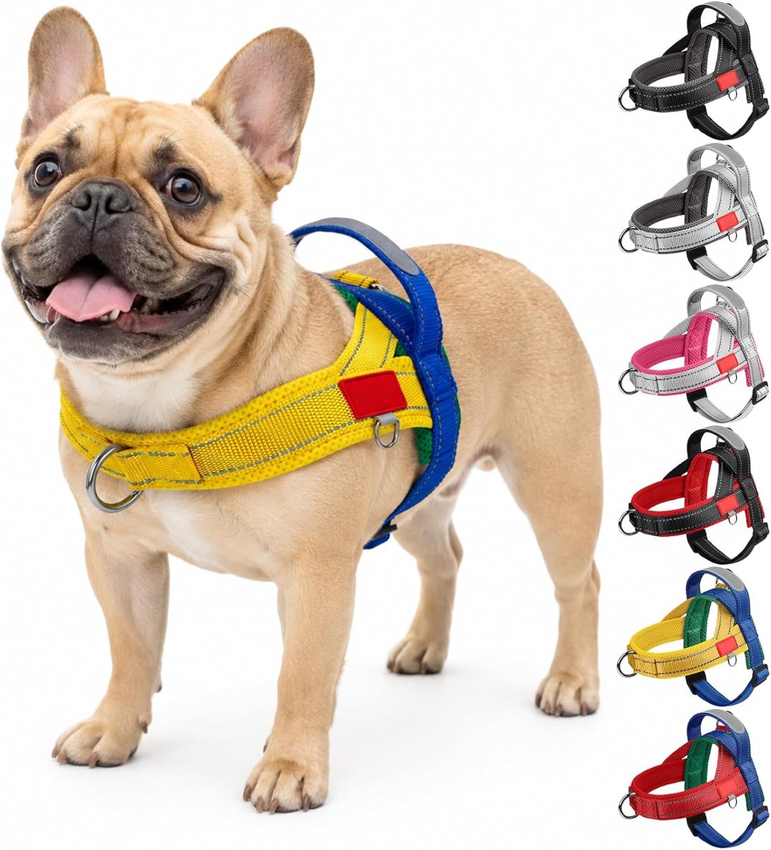 Hondenharnas voor puppy's, kleine en middelgrote honden, anti-trekharnas, hond met handgreep, verstelbaar, reflecterend, ademend borstharnas, anti-trek hondenharnas (blauw/geel, M)