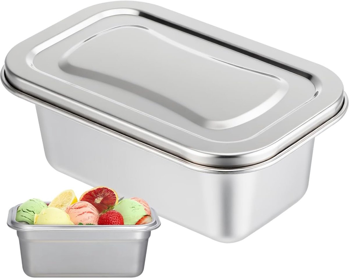IJsbox, snackhouder van metaal, stapelbare, snackhouder, ijshouder met deksel, litercontainer met deksel, ijsmachine, verse kaas, levensmiddelen, roestvrij staal, vriesbox