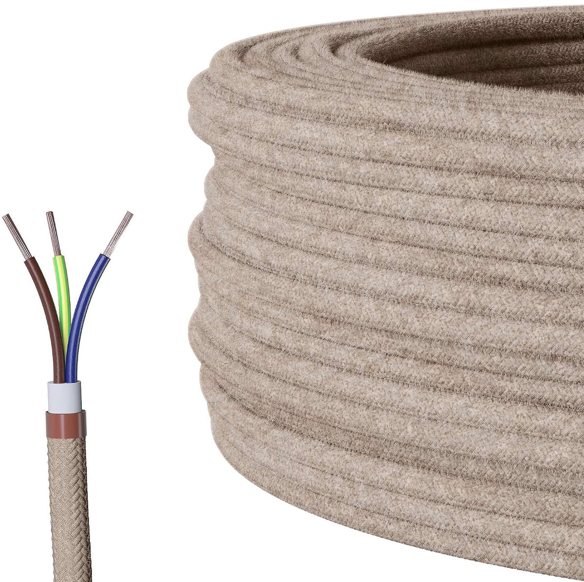 Textielkabel voor lamp, ronde kabel, drieaderig (3 x 0,75 mm²), linnen, 10 meter