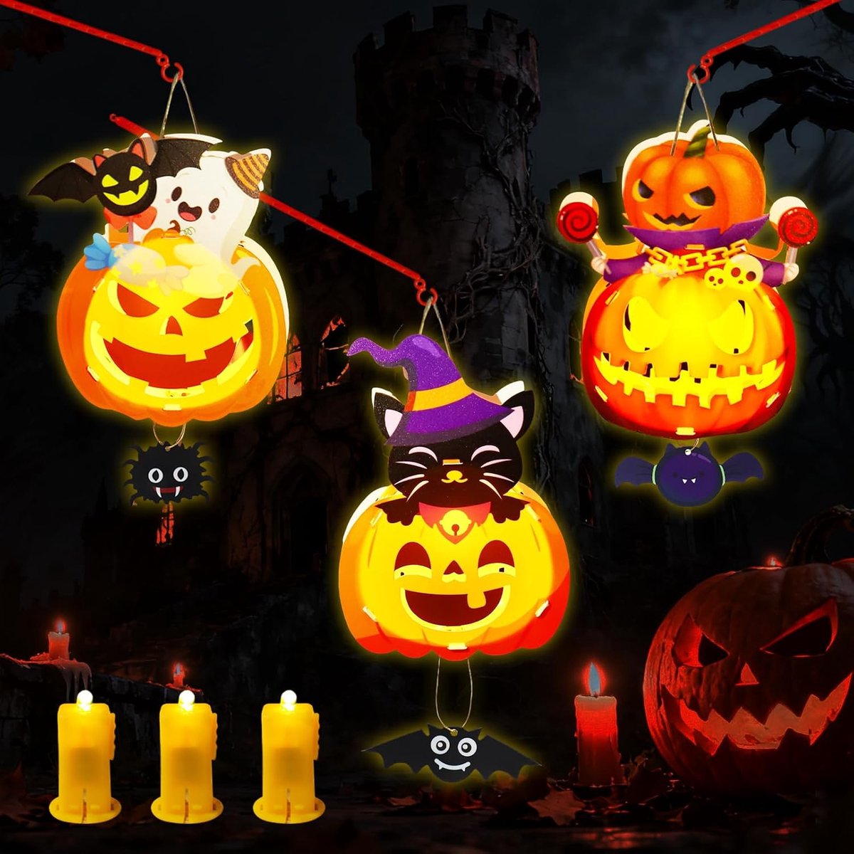 Halloween lantaarns knutselset, 3 stuks led-doe-het-zelf lantaarn voor kinderen met lantaarnstaaf, pompoen papieren lantaarn voor kinderen, Halloween-feestdecoratie, cadeaus voor jongens en