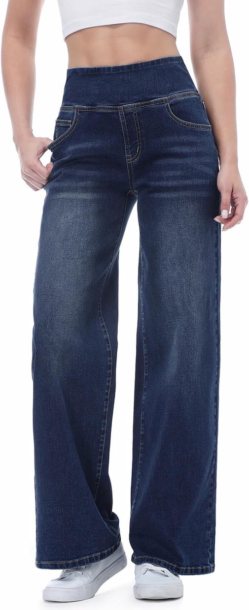 Jeans Dames - Hoge Taille Wide Leg Trekbroek met Rekbare Buikcontrole - Comfortabele Wijde Pijp Denim Broek voor Vrije Tijd en Kantoor