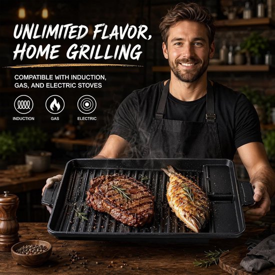 Grillplaat, rechthoekige grillpan, grillplaat met grillgroeven, grillopzetstuk voor gasfornuis, grillpan, anti-aanbaklaag voor campingfornuis, voor inductie, gas, keramiek — afbeelding 2