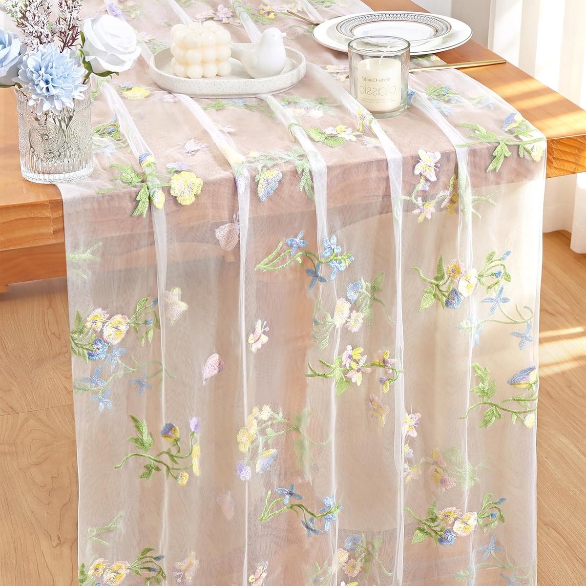 Bloemen tafelkleed van gaas 70x300 cm Zomerse tulle doorschijnend tafelkleed van kaasdoek Bloemetjes tafelkleden voor eettafel, keuken, thuis, feest (Wit, 70*300 cm)