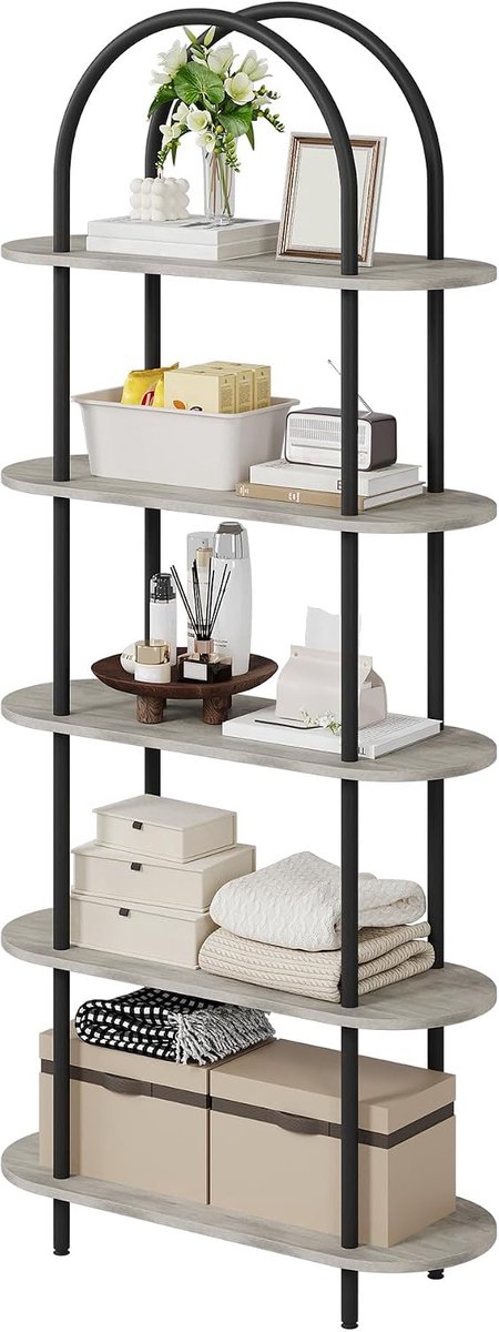 Boekenkast Hoog 5 Lagen - 80x30x180cm - Boekenkast Met Boog - Open Kast - Displaykast Vrijstaand - Metalen Frame Stevig - Voor Woonkamer Slaapkamer Kantoor - Grijs