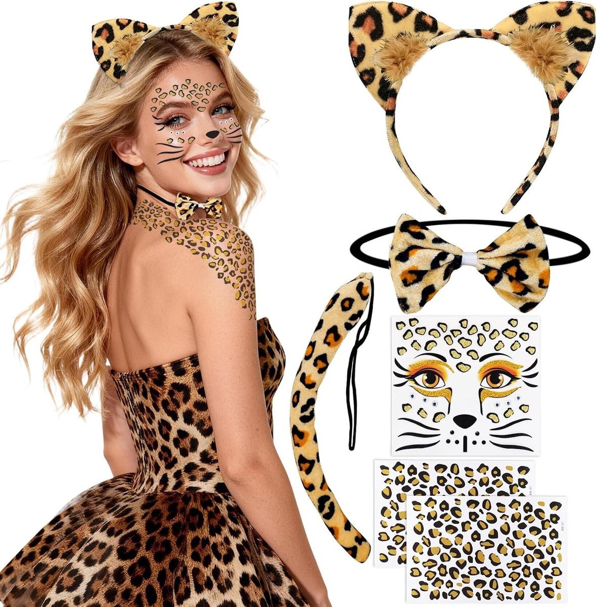Dierenkostuum voor Dames en Kinderen met Luipaard Oren, Hoofdband, Staart en Gezichtstatoeage voor Carnaval en Feestjes
