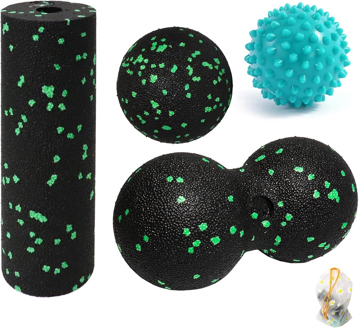SnelShoppen - 4-delige Massage Ball Set voor Spierontspanning, Fascia Ball, Duo Massagebal, Stekelbal, Fascia Roller met Opbergtas - Ideaal voor Thuis