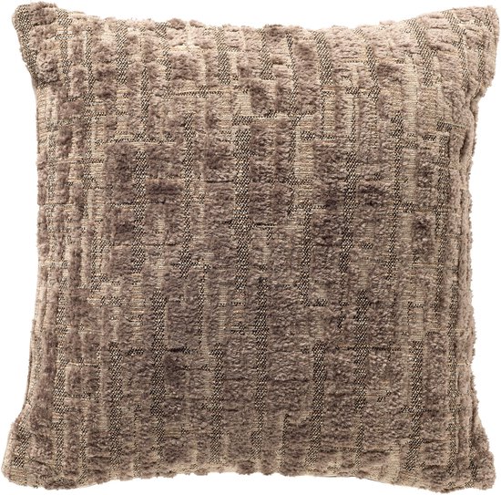 Kussen met een taupe bouclé stof en een grafisch rasterpatroon in bruine en gouden tinten.