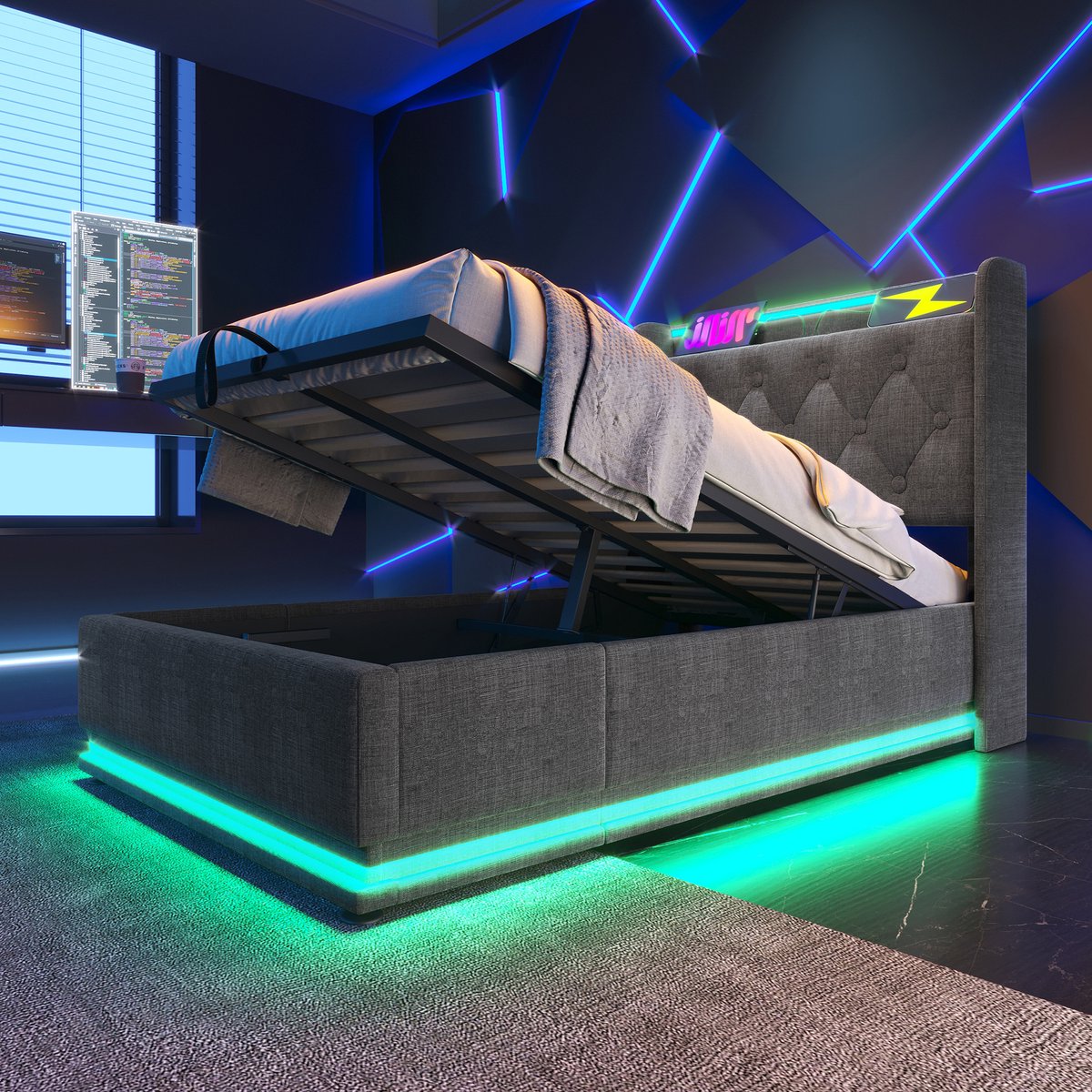 Gestoffeerd bedframe - voor matras 90 x 200 cm - grijs - met LED-verlichting en USB-aansluiting en opbergruimte en lattenbodem - voor de slaapkamer
