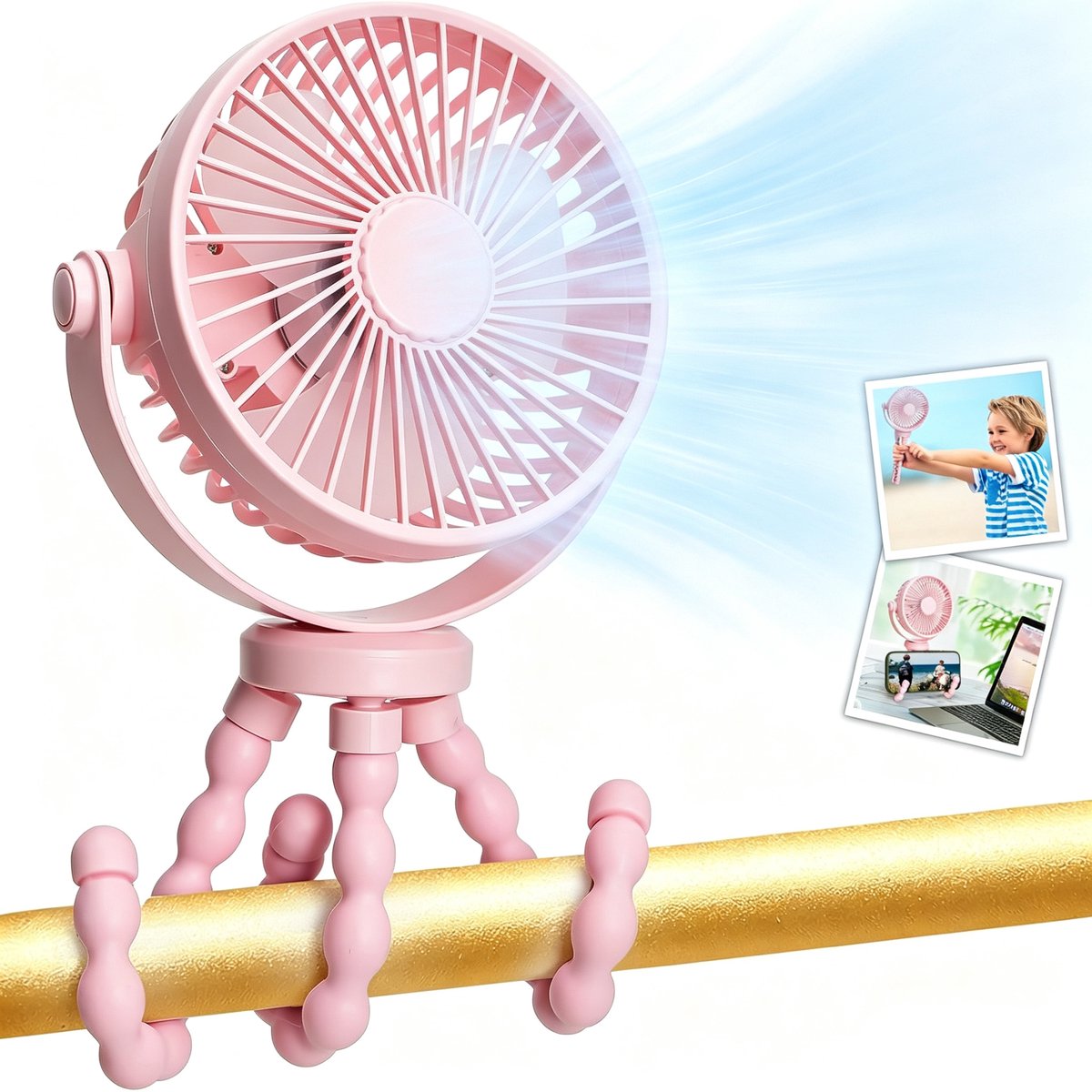 Draagbare ventilator voor kinderwagen – Miniventilator – Autoventilator voor kinderen – Ventilator voor kinderwagen – Koelventilator – 360° draaibaar – 3 snelheidsstanden – Geschikt voor autostoeltjes, kinderbedjes en kinderwagens – Roze