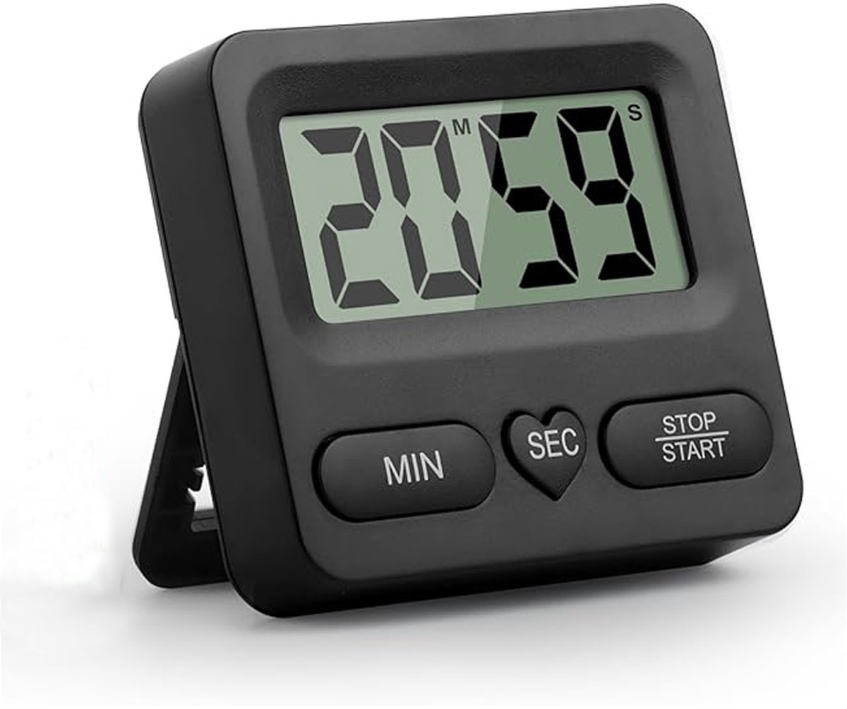 Digitale timer en stopwatch, multifunctionele keukentimer met groot lcd-scherm, timer voor kinderen, magnetische en verborgen standaard, alarmbel and geheugenfunctie, voor koken, leren, sporten, Zwart