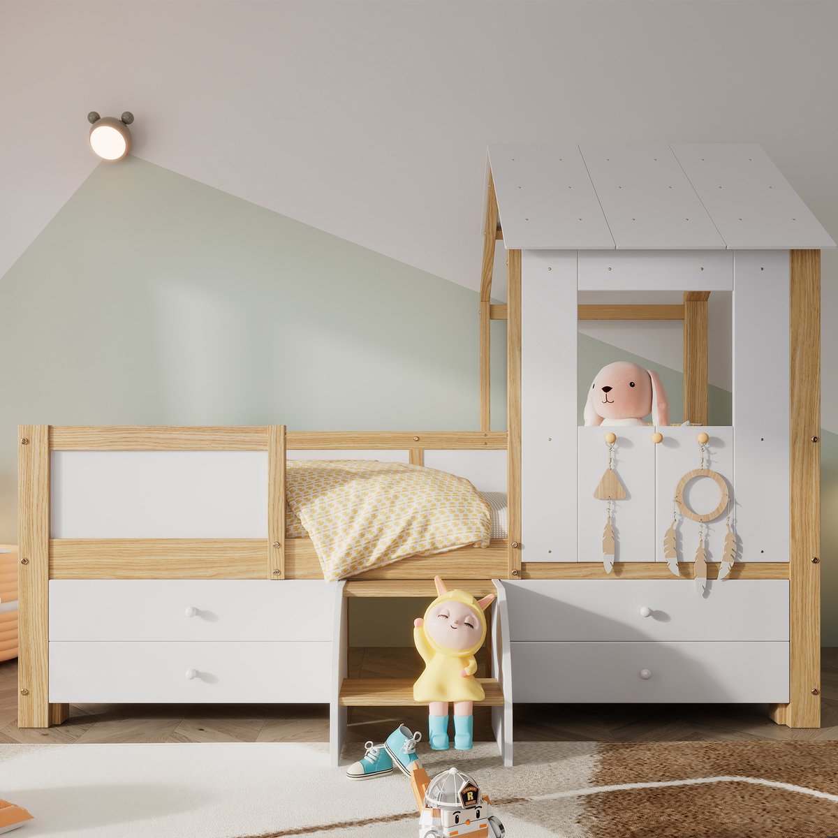 Kinderbed - voor matras 90 x 200 cm - wit en naturel - met USB-aansluiting en opbergruimte en lattenbodem - voor de slaapkamer