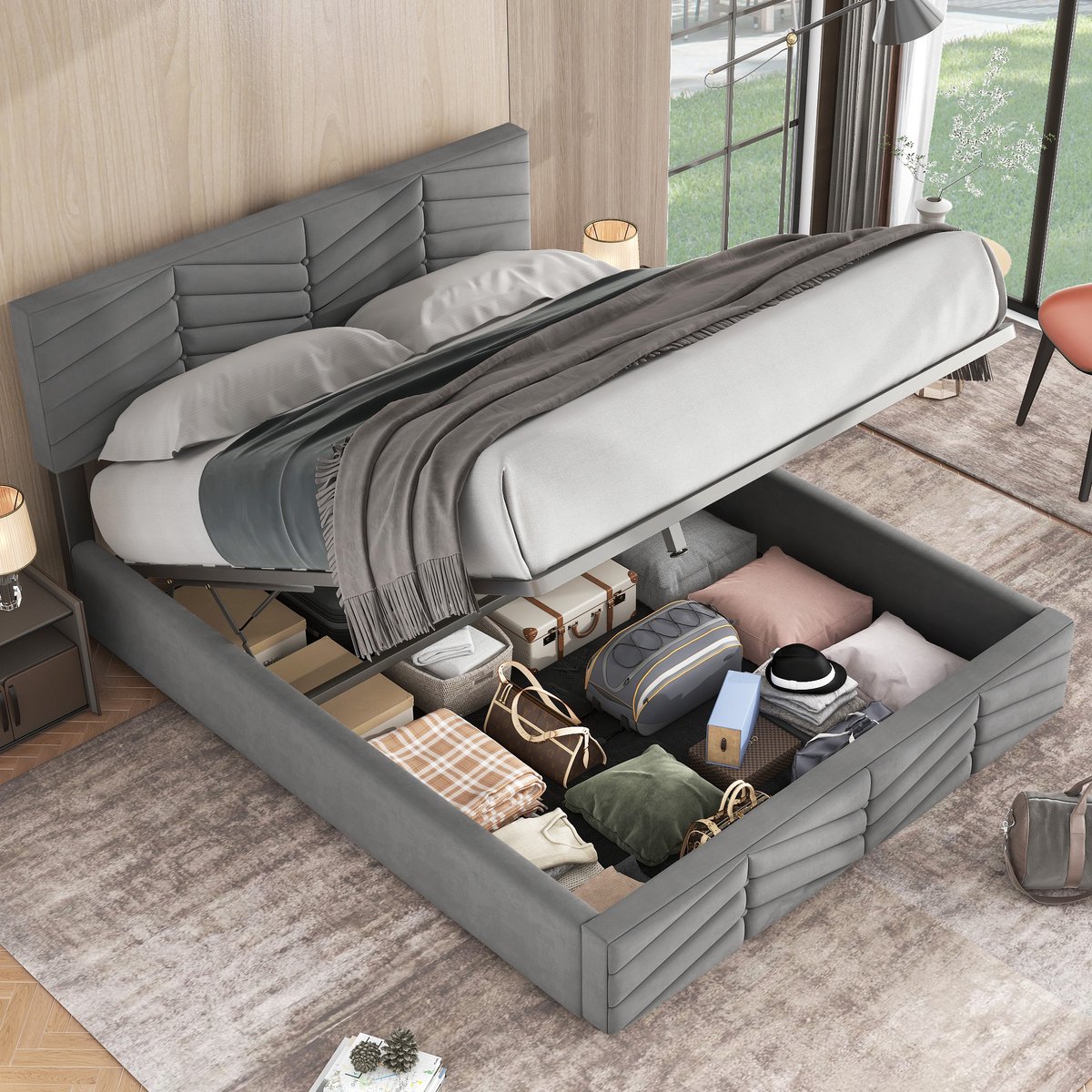 Gestoffeerd bedframe - voor matras 140 x 190 cm - grijs - met opbergruimte en lattenbodem - matras niet inbegrepen - voor de slaapkamer