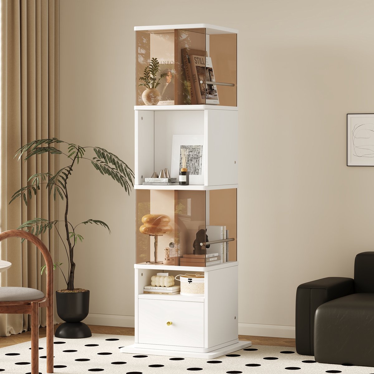 VVBV Vitrinekast 50x50x160 cm - Opbergruimte, Glazen Deuren, LED-Verlichting, Met Lades - Bruin/Wit, MDF