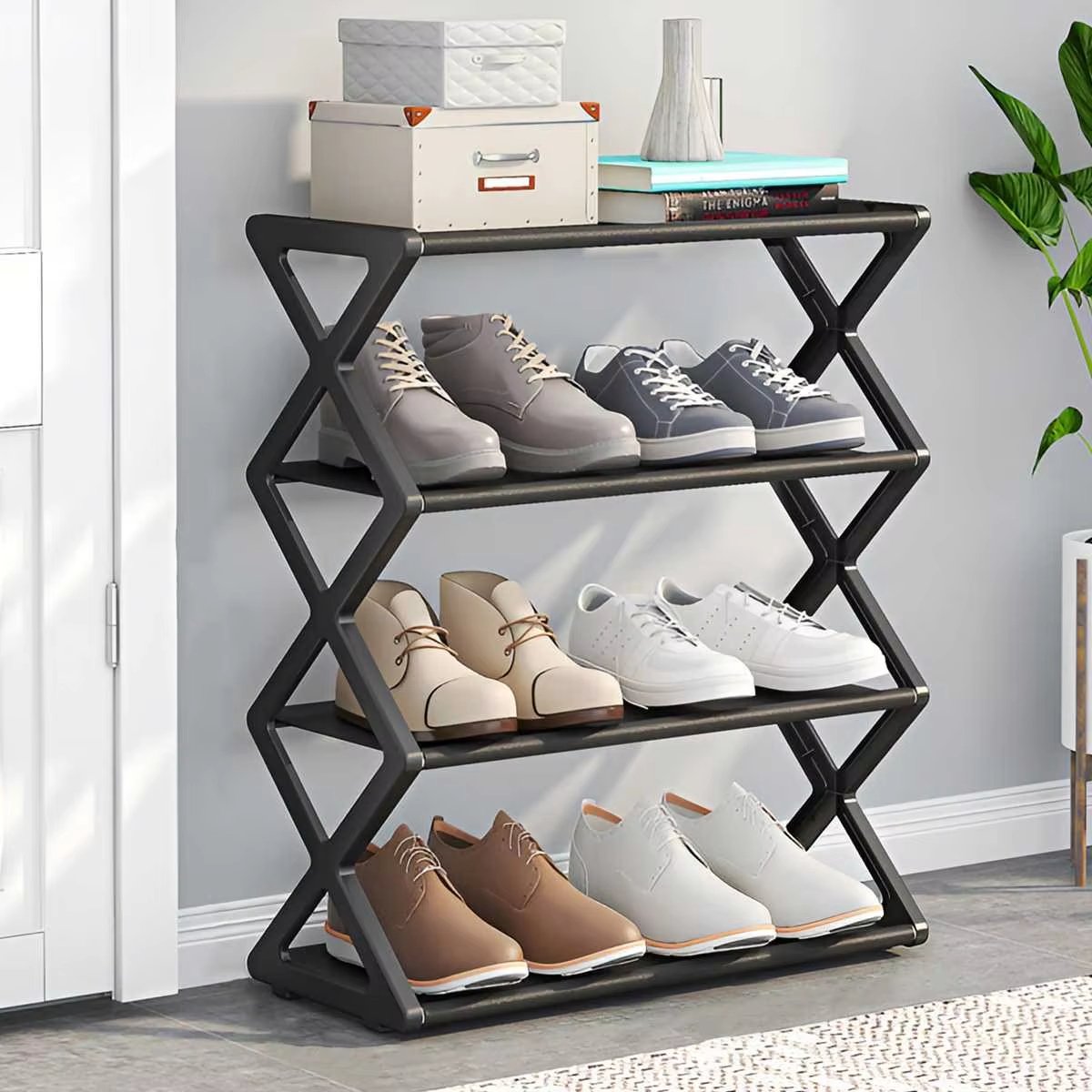Vrijstaand schoenenrek met 4 lagen, schoenenopberger voor de hal, X-vormig schoenenrek met vast frame (zwart, 42*18,5*49,5 cm)