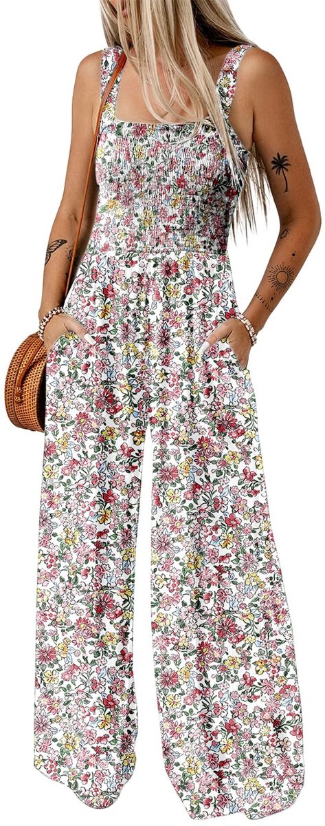 SolidKeus - Dames Jumpsuit met Bloemenpatroon en Brede Pijpen