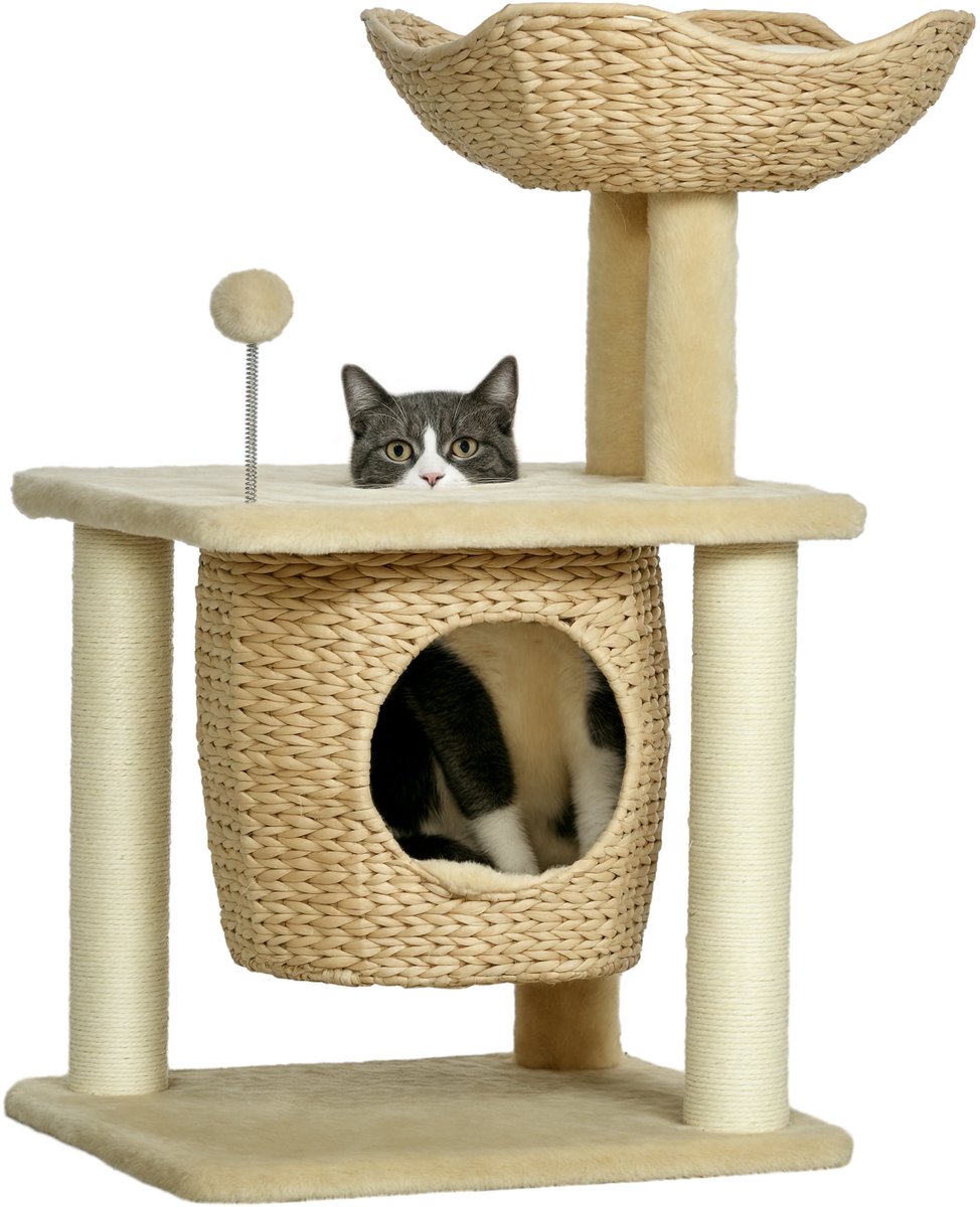 Krabpaal – met 1 klein nestje – kattenmandje – pluche bolletjes – hoogte 74 cm, beige – pluche materiaal