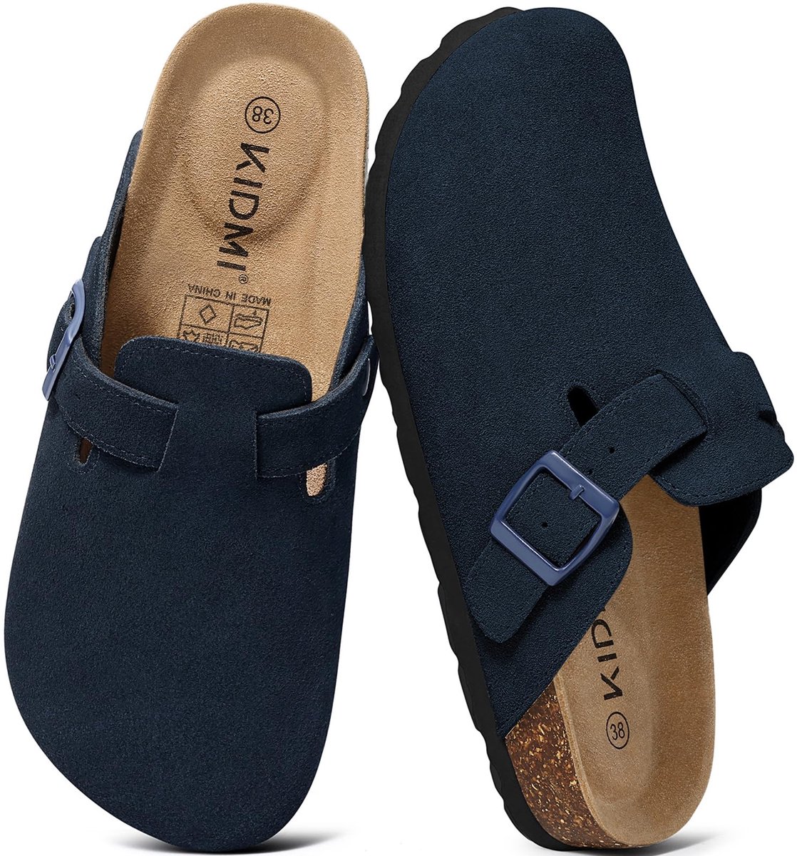 Unisex clogs – Koe suède – Comfort slippers – Houten clogs – Donkerblauw - 37- Geschikt voor een voetlengte van 23,2 cm
