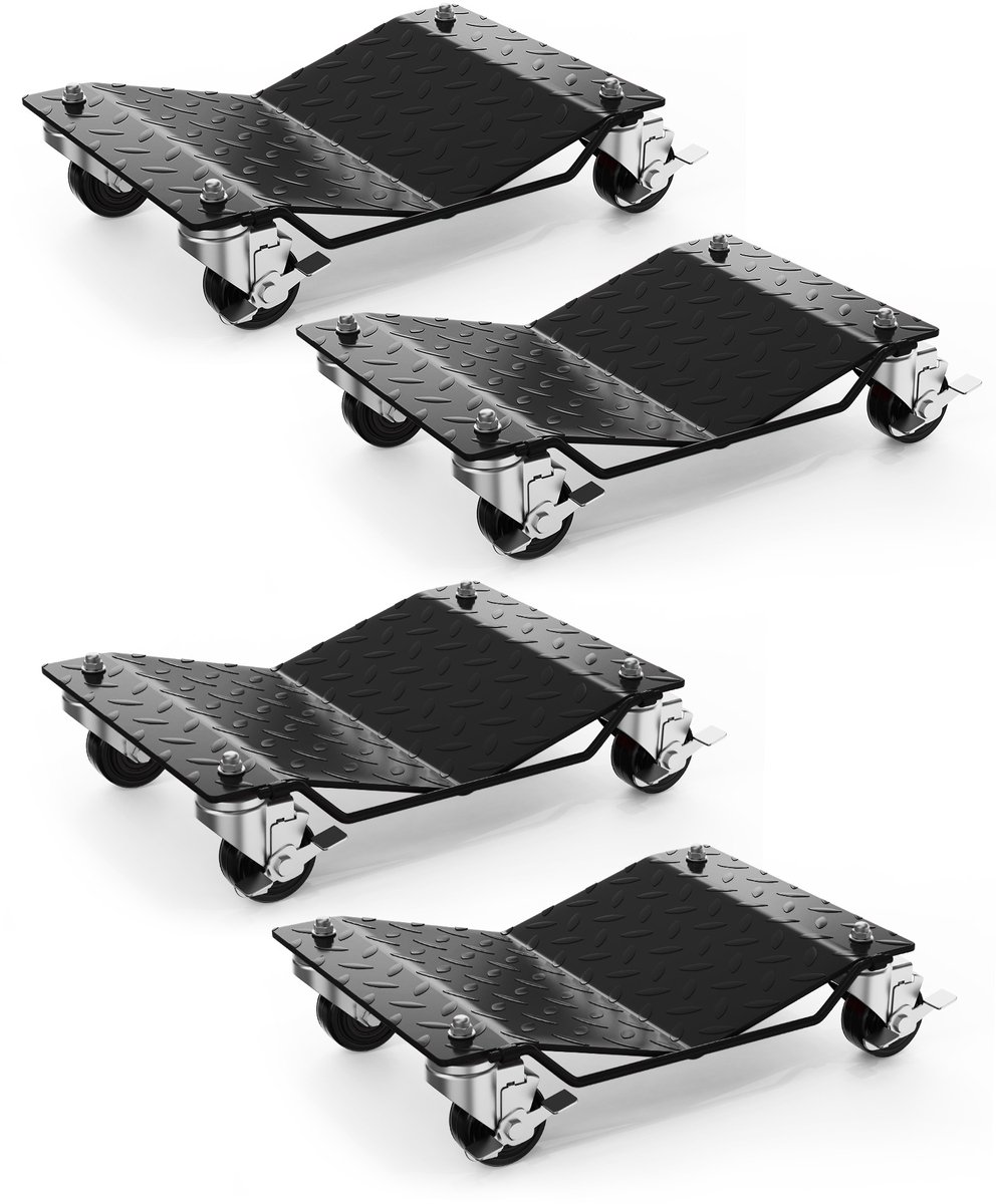 HoerFuriy - Wiel Dolly Staal Set 4‑Stuks - Stalen Band Positionerings Skates Met 360° Zwilwielen En Veiligheidsslot - Tot 680 KG - Per Stuk Voor Auto SUV Motor Atv Garage Werkplaats - Zwart