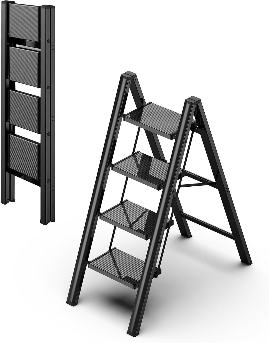 Opvouwbare trapladder - Stevige trap - Klusjes in huis - Brede antislip sporten - 4 treden - Zwart