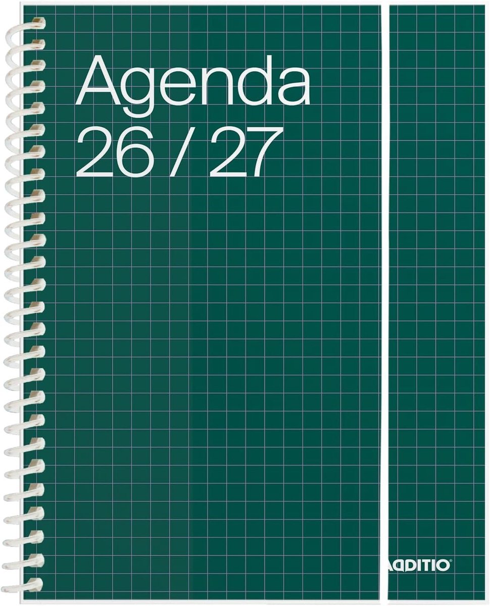 Schoolagenda 26-27 - Groen - 12,5 x 17 cm - Spiraalgebonden met Elastische Sluiting en Penhouder - Voor Studenten