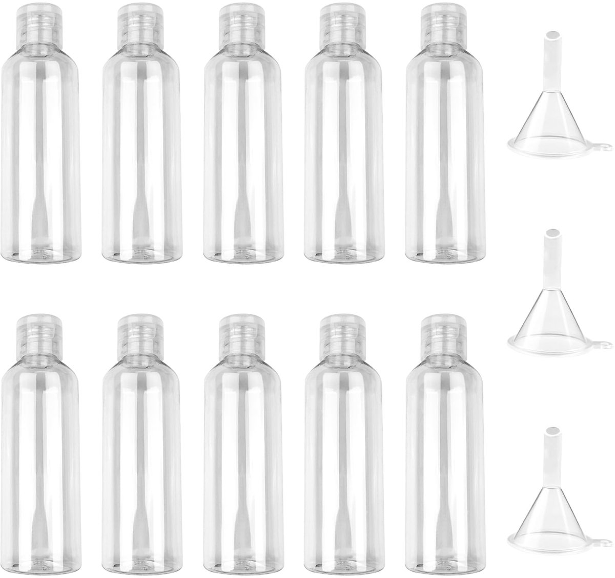 10-delige Reisflesjes Set 100 ml - Hervulbare Transparante Reisflessen voor Shampoo, Conditioner, Lotion & Crèmes - Inclusief 3 Trechters - Lekvrije Reiscontainers voor Handbagage & Vakantie