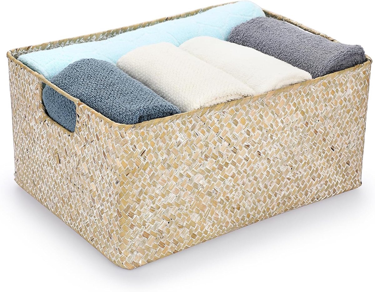 Seagrass Opbergmand - Decoratieve Geweven Wicker Mand voor Woonkamer en Badkamer - Multifunctionele Opbergoplossing voor Handdoeken en Bureauaccessoires in Witwash
