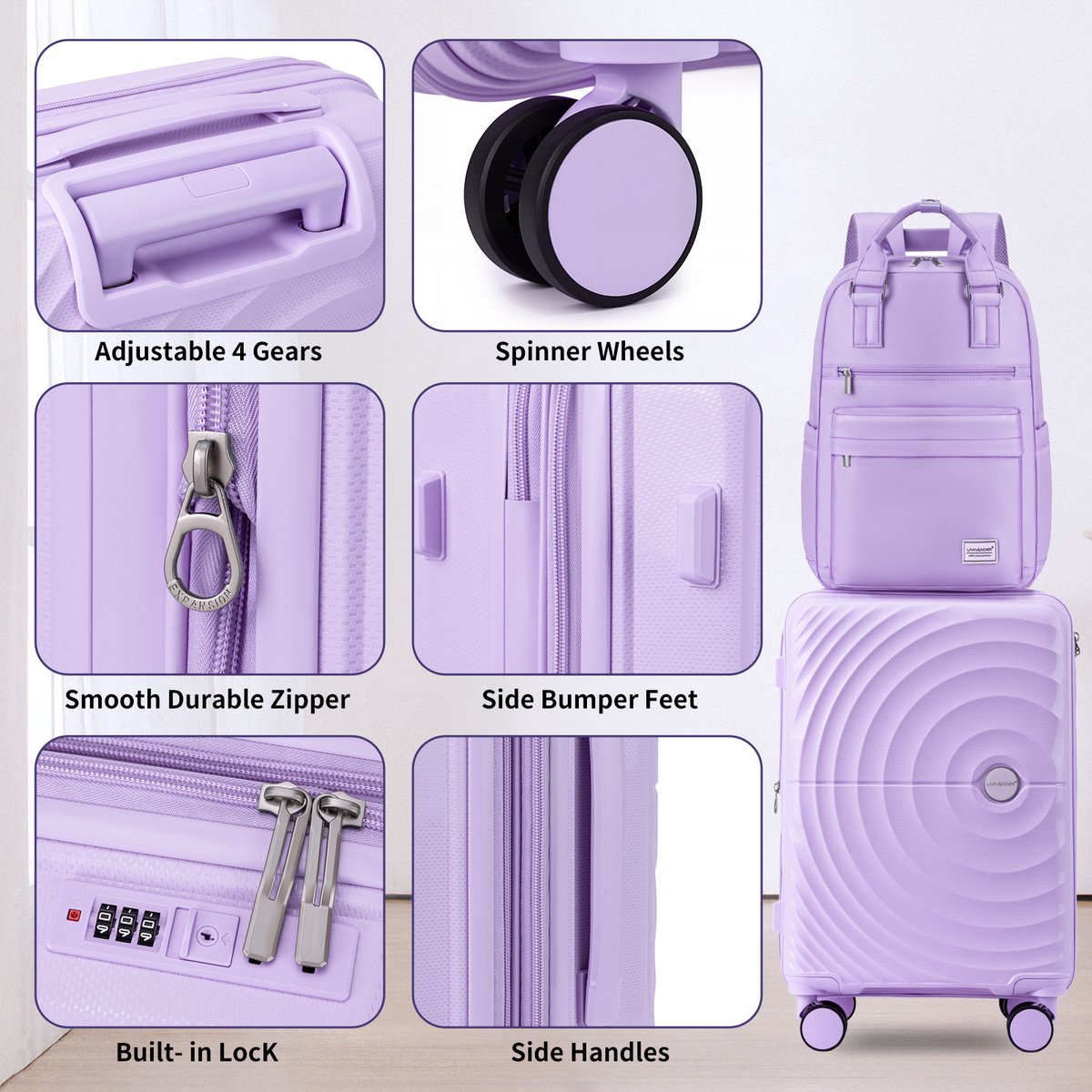 COVREO 3-delige kofferset 20 inch lavender, hardcase PP met rugzak en toilettas