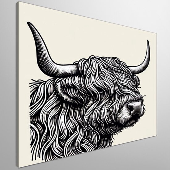 Doodle schotse hooglander schilderij | Hooglandse dromen: een illustratieve verkenning van Schotse schoonheid | Kunst - 100x100 centimeter op Canvas | Foto op Canvas