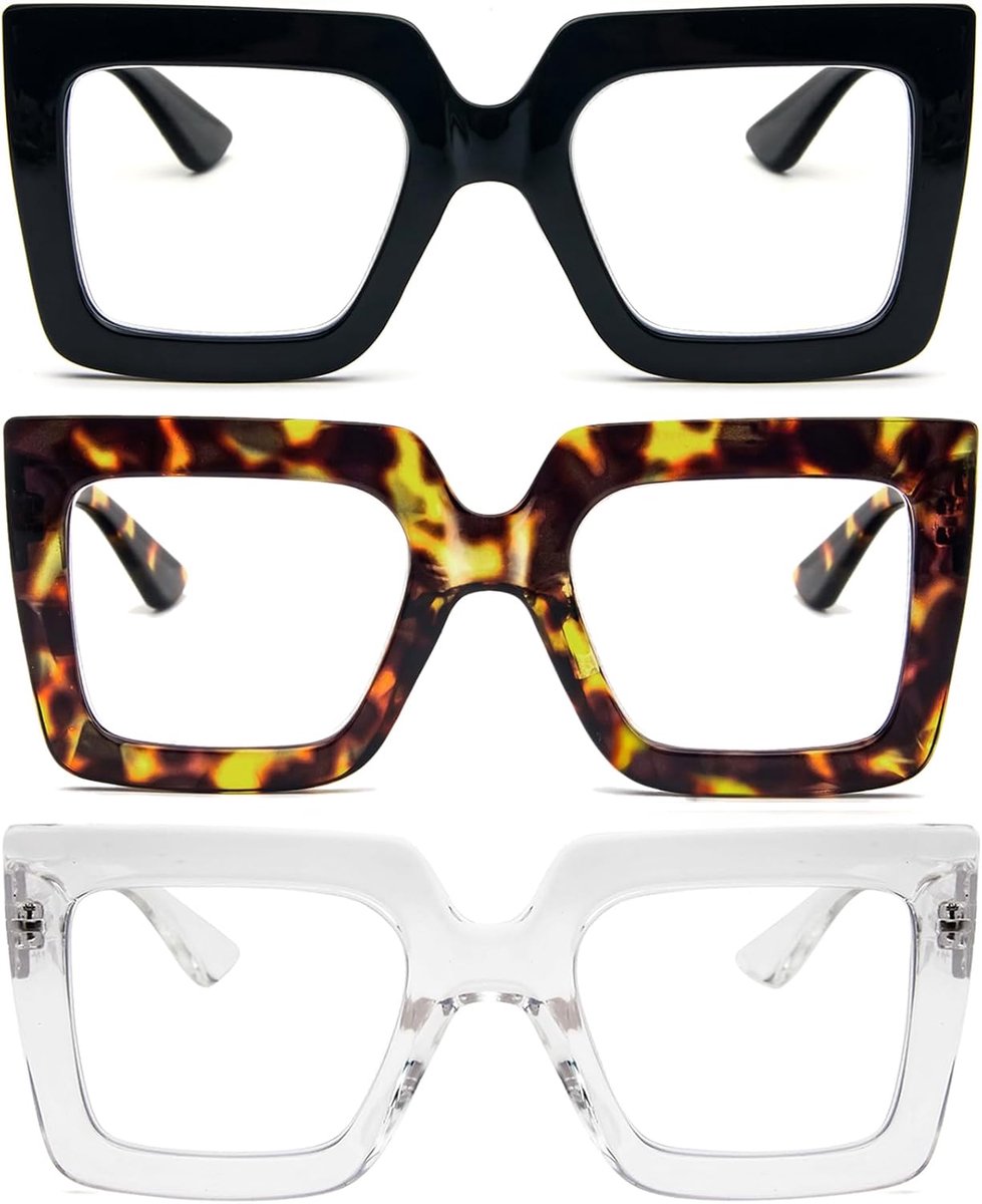 3 verpakkingen leesbril voor vrouwen met frame, dikke en elegante vierkante lezer, blokkeert blauw licht