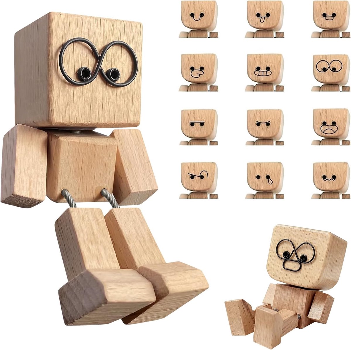 Holzmann - wiebelfiguur auto, charmante schuddende houten man, 12 magnetische gezichtsuitdrukkingen, vrijheid doe-het-zelf houten man, creatief wiebelfiguur, desktop voor bureau, auto