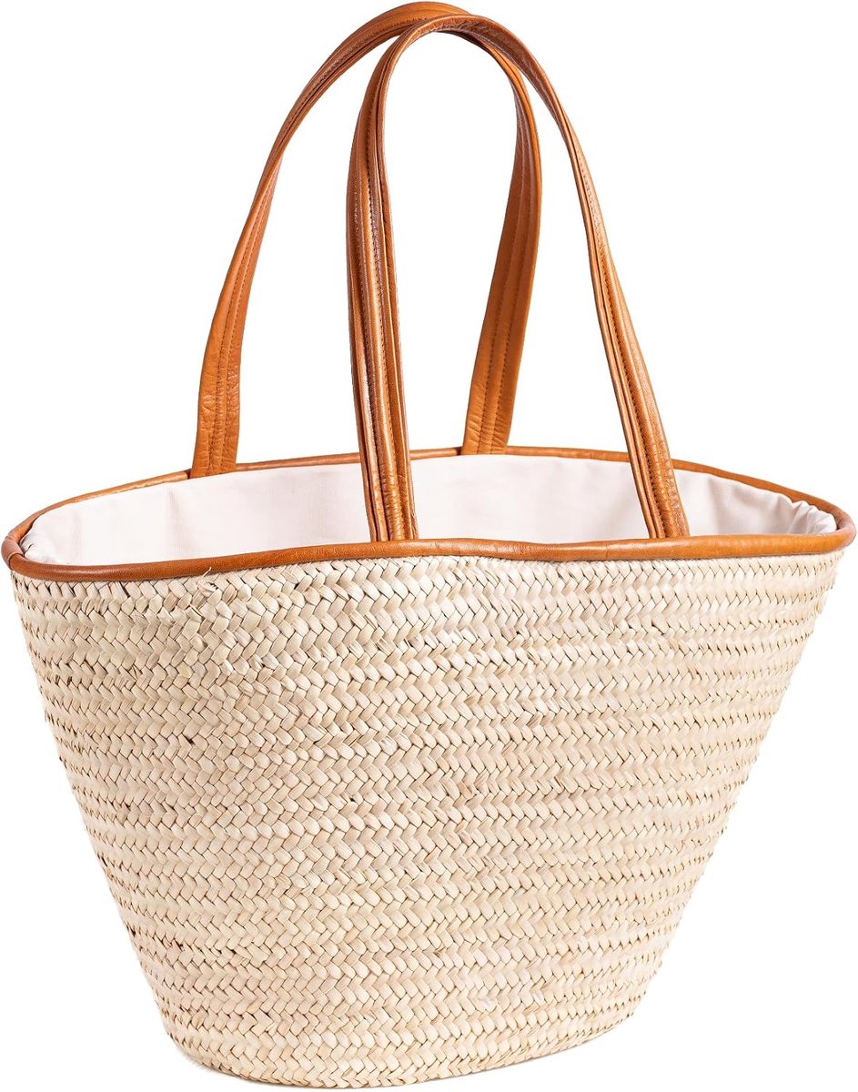Boodschappentas - Stro Strandtas - Tas Dames - Reistas voor Vrouwen Traditioneel Marokkaans Natuurlijk Stromateriaal - Binnenstof ter Bescherming, beige en karamel, 44x19x32 cm