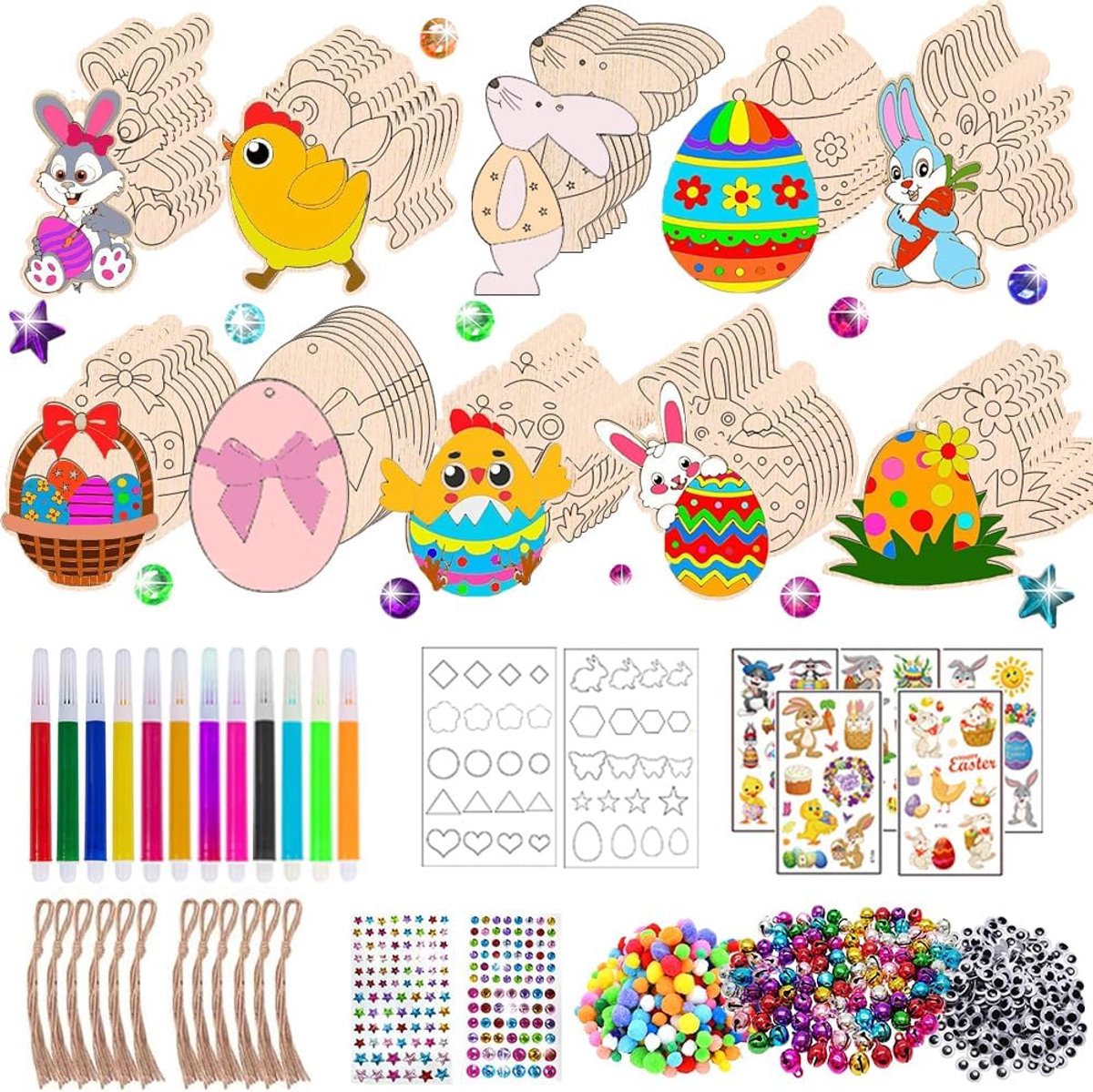 Houten hanger voor Pasen, om te beschilderen, 291 stuks knutselset voor kinderen, houten paashangers, met aquarelstift, strass, decoratief koord, ogen, paasstickers