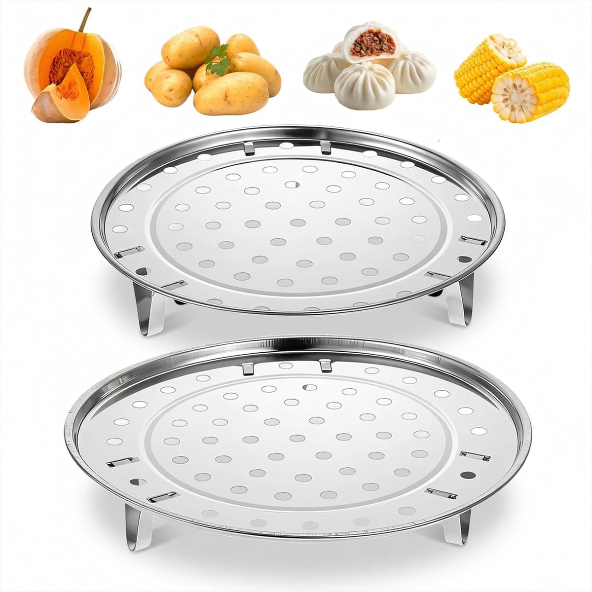 Dienblad, 22 cm en 20 cm, ronde potenmand, multifunctioneel rek voor groenten, gehaktballen, vis, zeevruchten, keuken