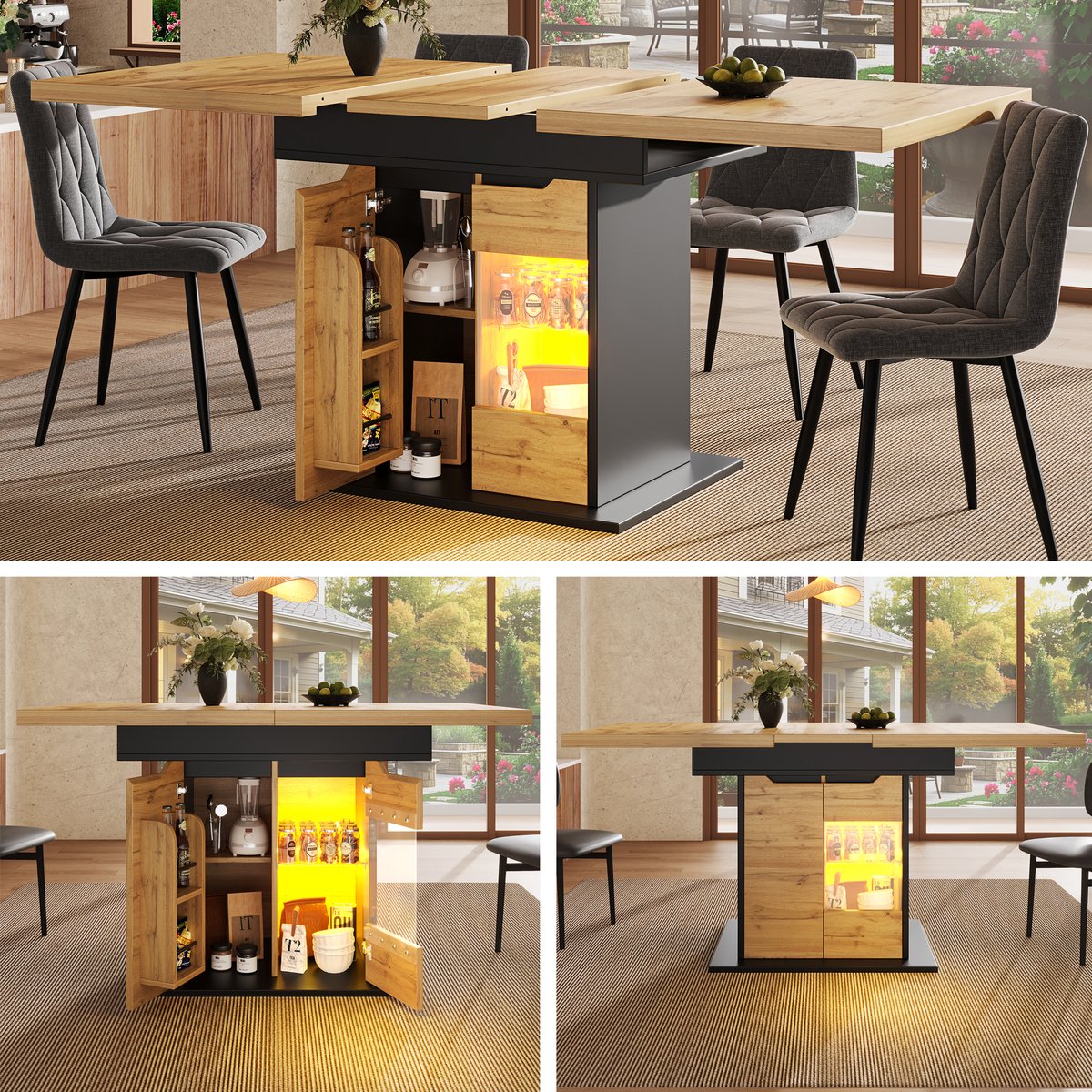 Intebiki Uitschuifbare eettafel (110/140×80 cm) - Keukentafel met LED-verlichting en kastdeuren voor snackplateaus - Biedt plaats aan 4-6 personen - Zwart + natuurlijke kleuren