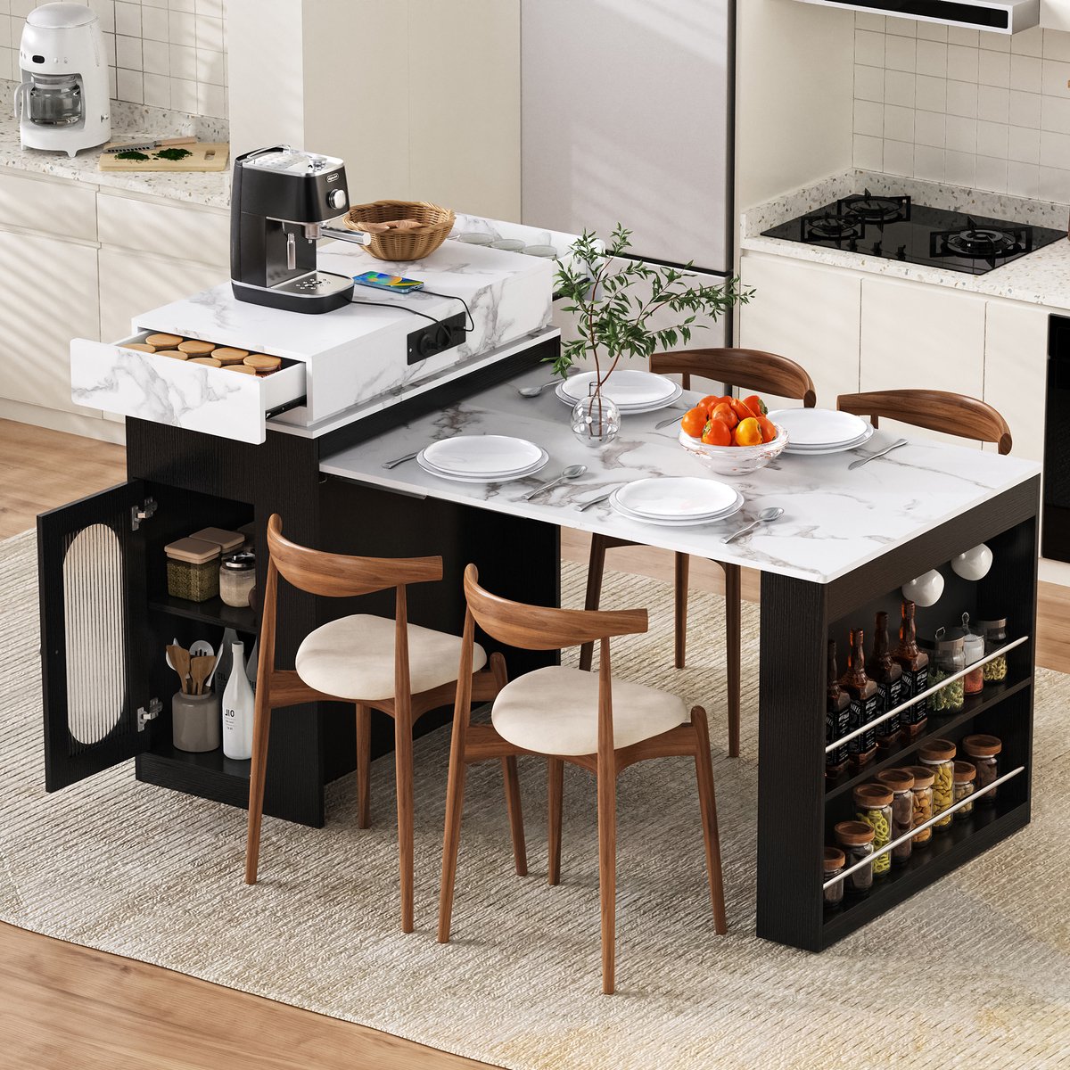 Intebiki Uitschuifbare eettafel (46/100×83 cm) - Keukentafel met stroomkabel en haken - Keukeneiland op wielen - Biedt plaats aan 4 personen - zwart