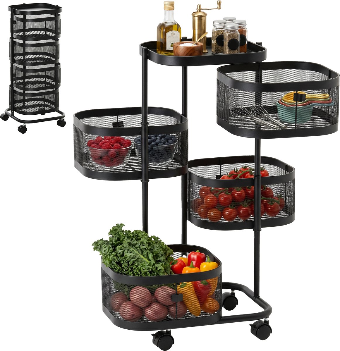 Keukentrolley met 4 verdiepingen en wieltjes — Trolley met metalen manden en draaibare bovenste plank — Multifunctionele keukentrolley