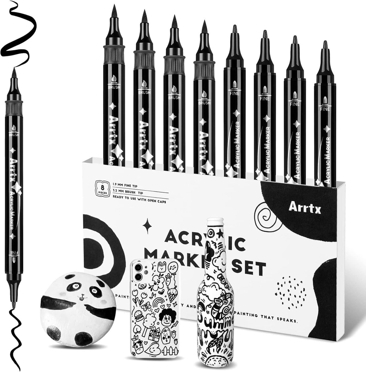 SolidKeus - Set van 8 Zwarte Acryl Stiften met Dubbele Punt