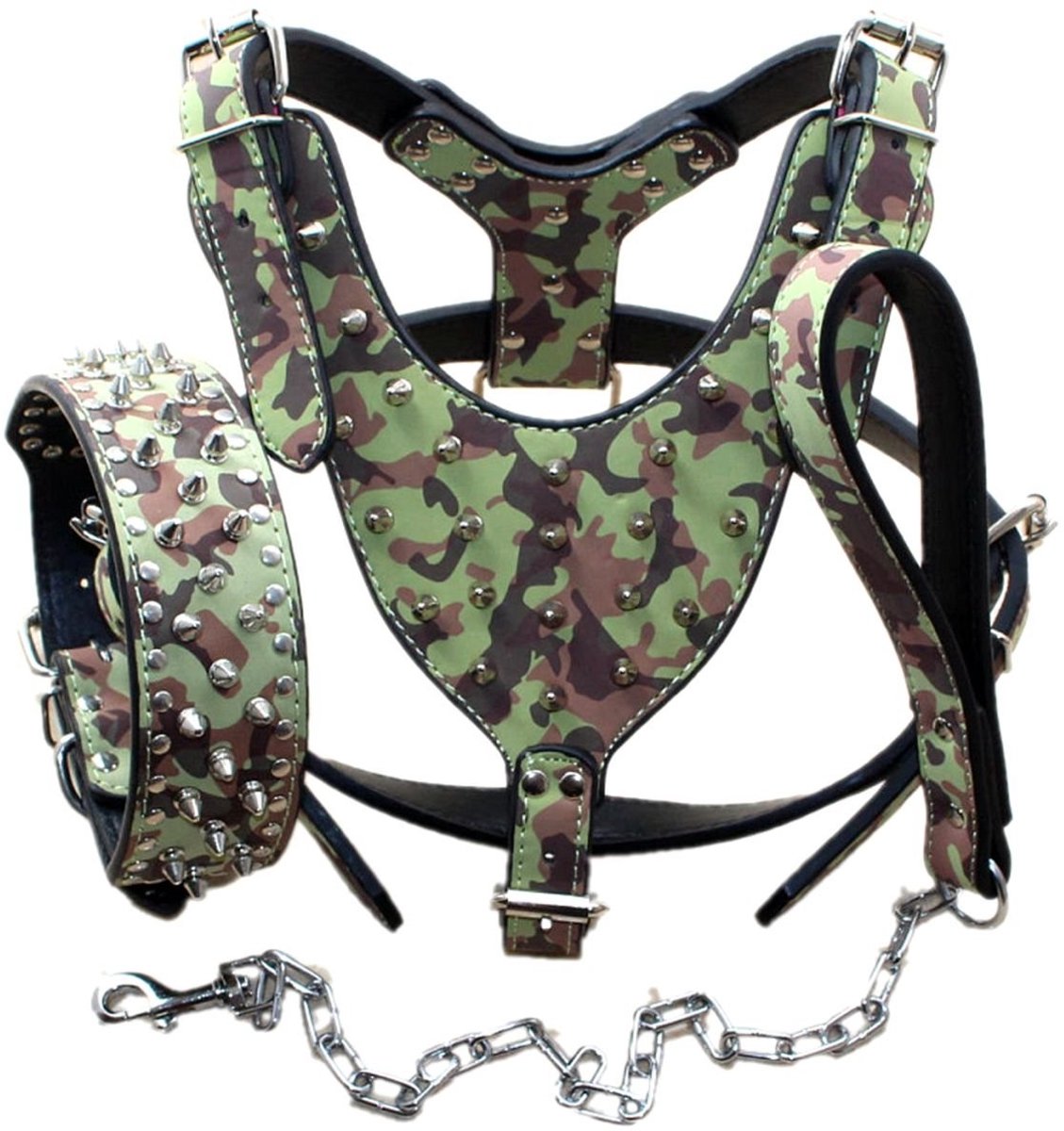 SolidKeus - Hondenhalsband en Tuig Set met Spikes voor Grote Rassen (L, Camouflage)
