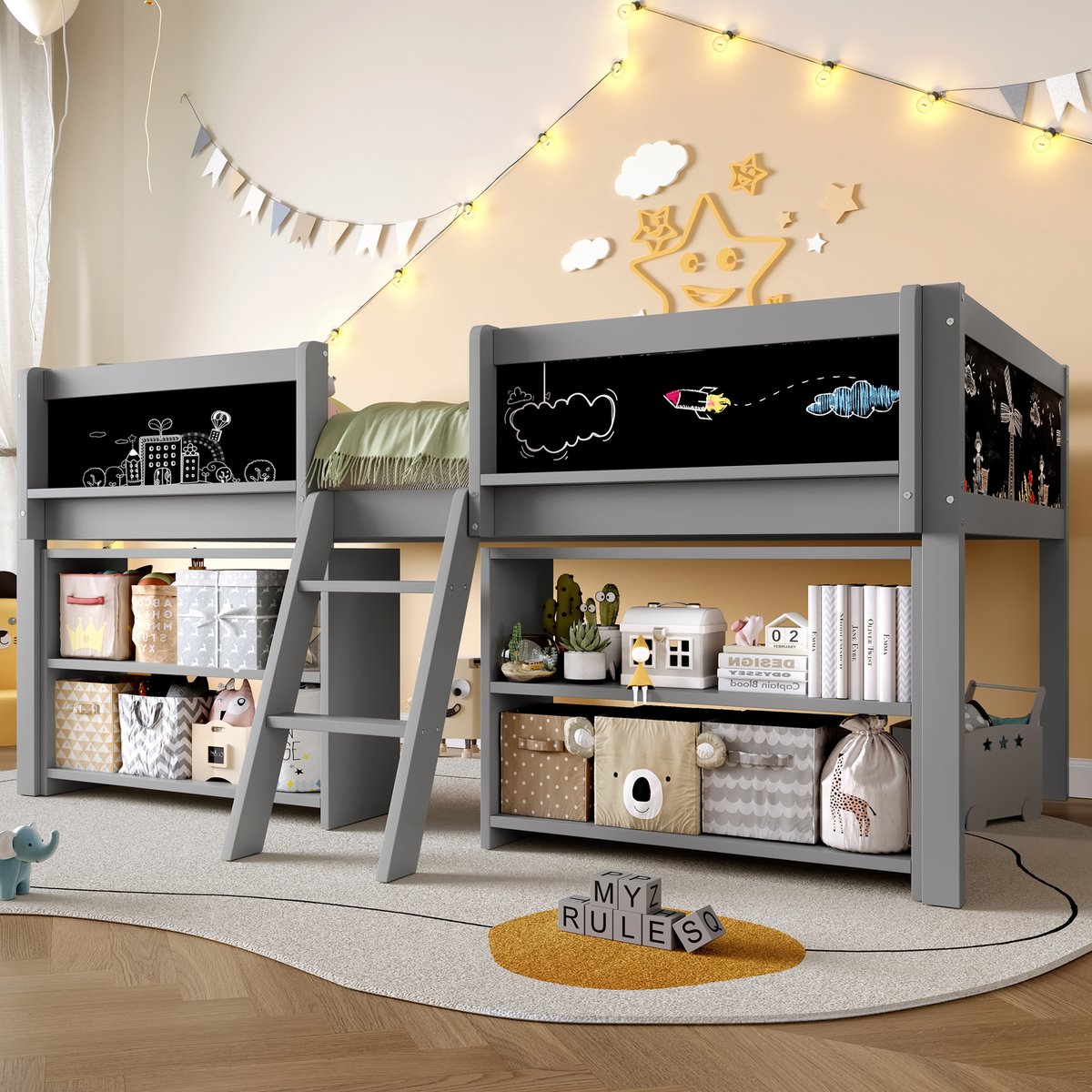Halfhoogslaper 90x200 cm, Kinderbed met Veel Opbergruimte, Uitvalbeveiliging rondom, Ladder en Tekenbord, zonder Matras - Grenenhout en MDF - Grijs