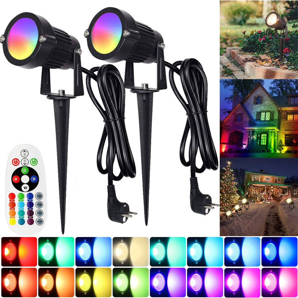 LED-tuinspots - Met grondfitting - Buitenverlichting voor tuin en erf - Tuinverlichting met grondfitting - RGBW - Tuinverlichting met stekker - IP65 waterdicht - Afstandsbediening - Kleur naar keuze - Set van 2 - Zwart