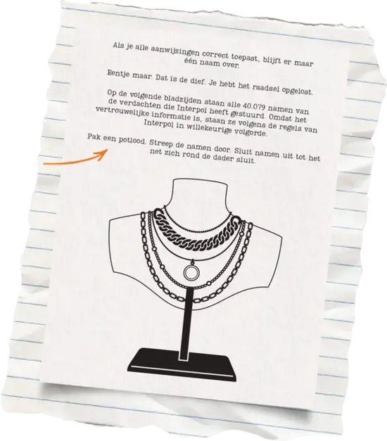 Papieren document met een tekening van een etalagepop met verschillende kettingen en tekst over het oplossen van een raadsel.