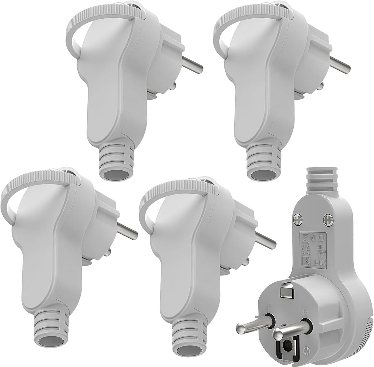 Platte stekker: 5 stuks witte geaarde stekker - 250 V geaarde contactdoos - hoekstekker - stroomstekker met klapgreep - platte geaarde stekker - Europese stekker voor kabels tot 3 x 1 - 5 mm² - IP20