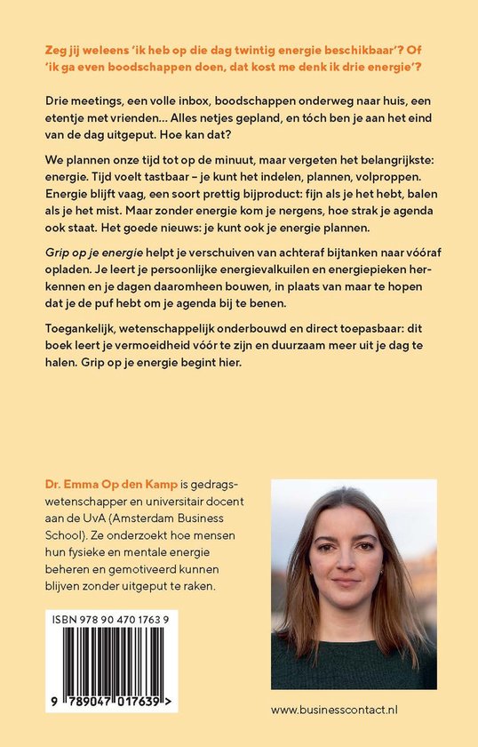 Boekomslag van 'Grip op je energie' met een portret van Dr. Emma Op den Kamp.