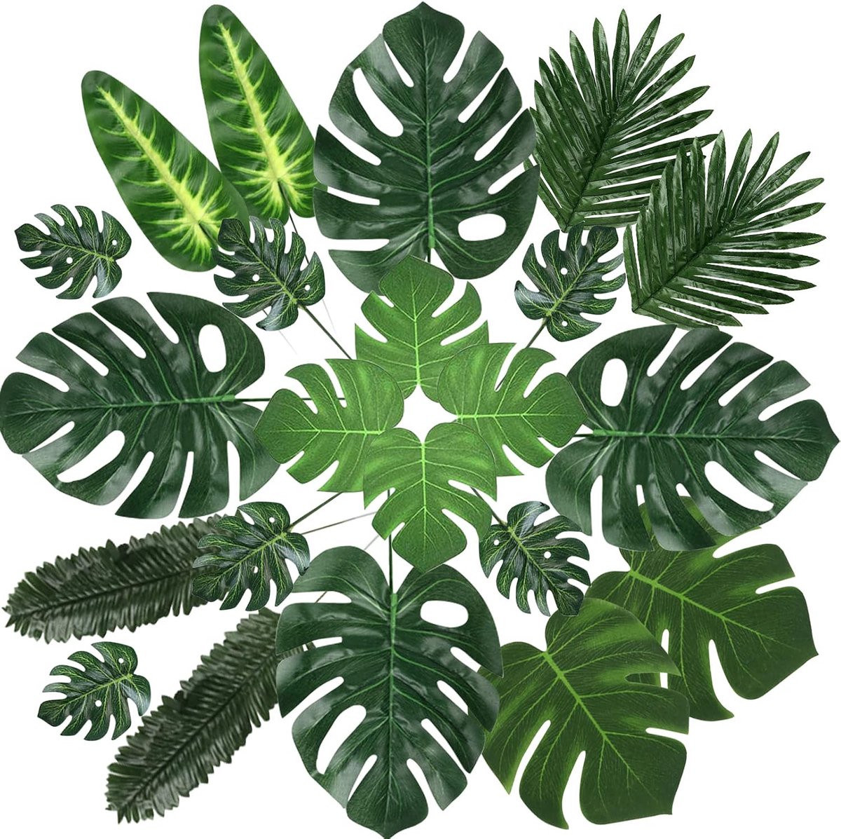 100 stuks kunstpalmbladeren, plastic palmbladeren, safaribladeren, monstera-bladeren, tropische planten, kunstbladeren, jungle, strand, verjaardag, Luau, Hawaiian, bruiloft, party, decoratie