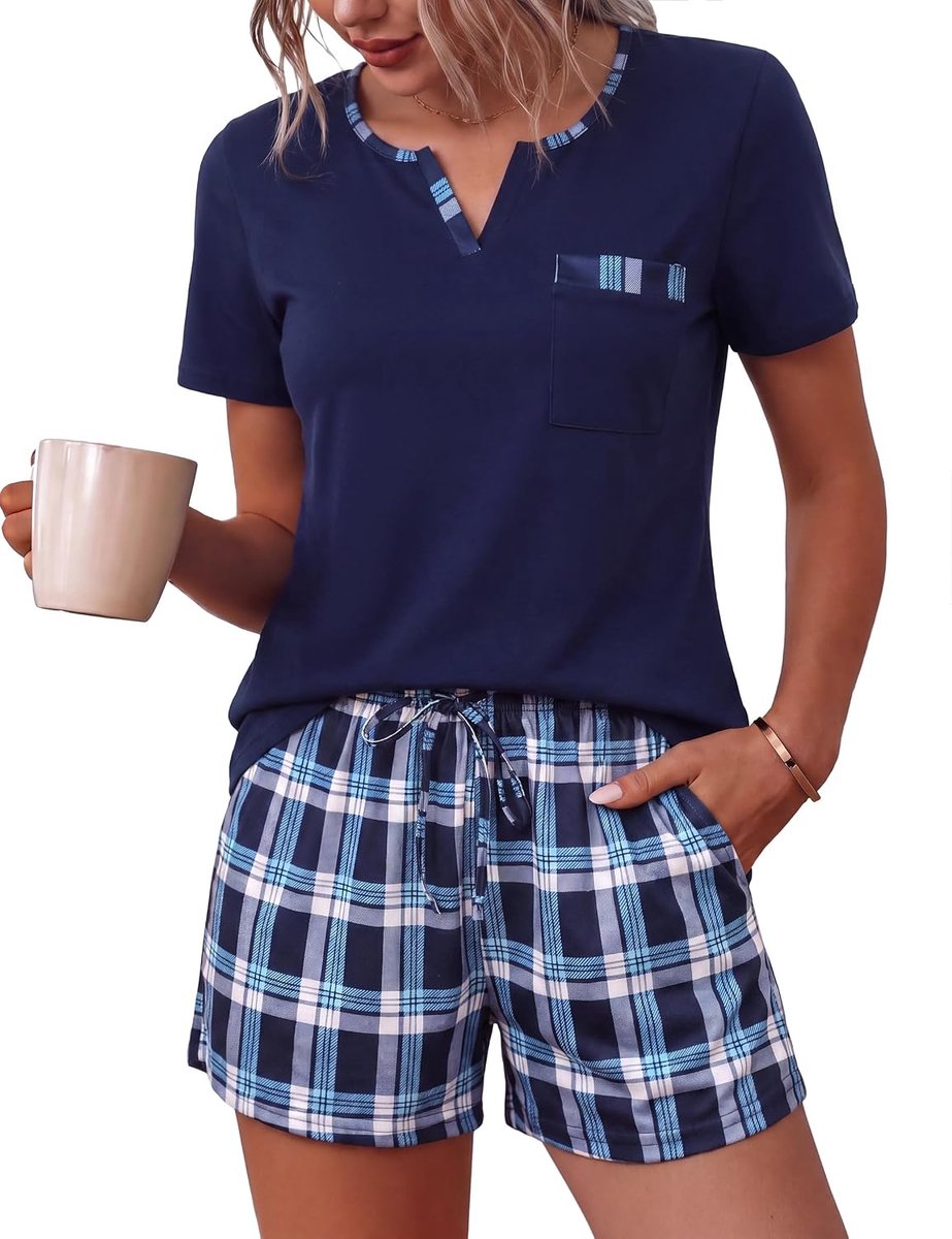 Korte damespyjama van katoen, korte mouwen, grote maten, T-shirt met V-hals en korte broek, geruit, zacht en comfortabel