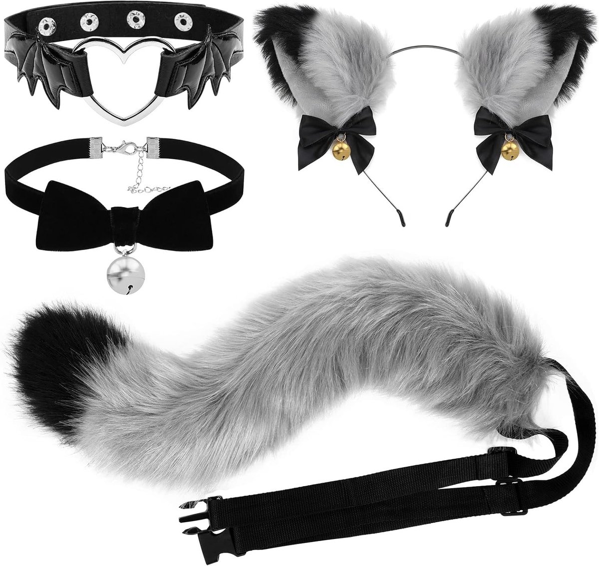 Cosplay kattenkostuumset, staart en oren, set faux furry fox, wolf, staart, met lange vossenstaart en oren en belkraag, voor carnaval, party, decoratie, kostuum, dressing partijen