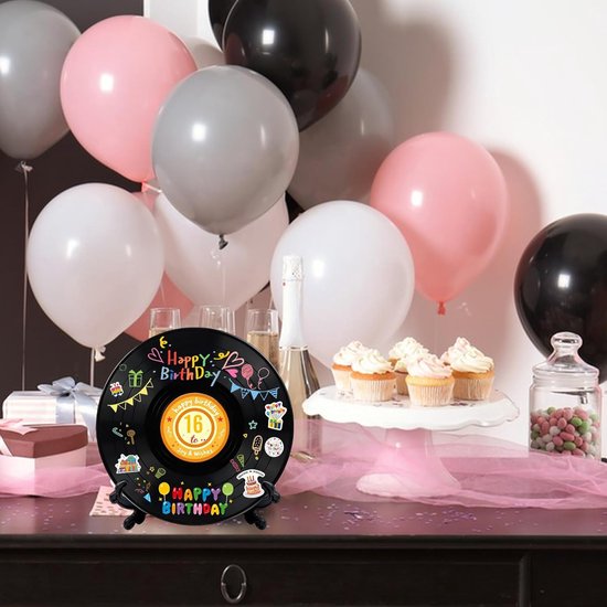 Gastenboek, vinyl, grammofoonplaat, gastenboek, verjaardag, vinylplaat, decoratie - Feestdecoratie, alternatief voor verjaardagsgastenboek, met pen en houder, feestcadeau, bord, poster voor jongens en meisjes — afbeelding 3