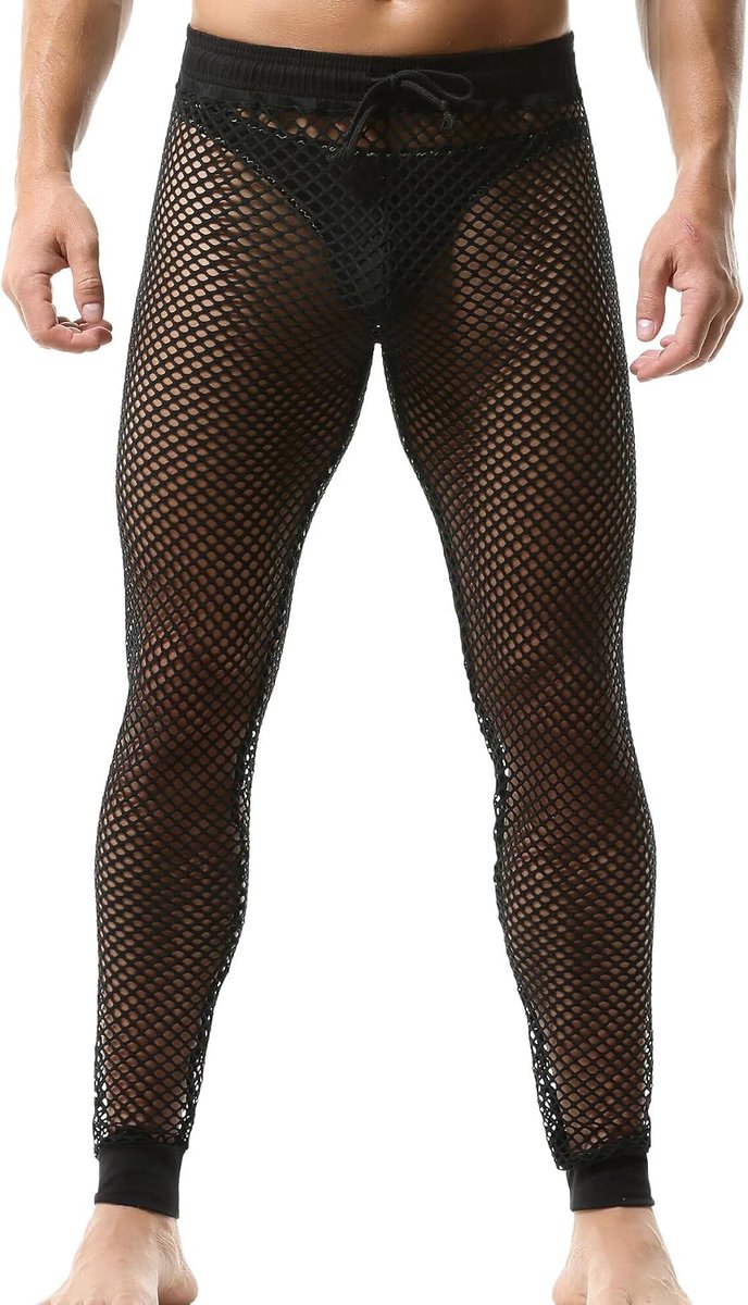 Visnet legging broek voor heren, mesh ondergoed, transparante loungebroek, trekkoord bodems, laagbouw, spierpasvorm, lange broek, doorzichtige mesh leggings bodems
