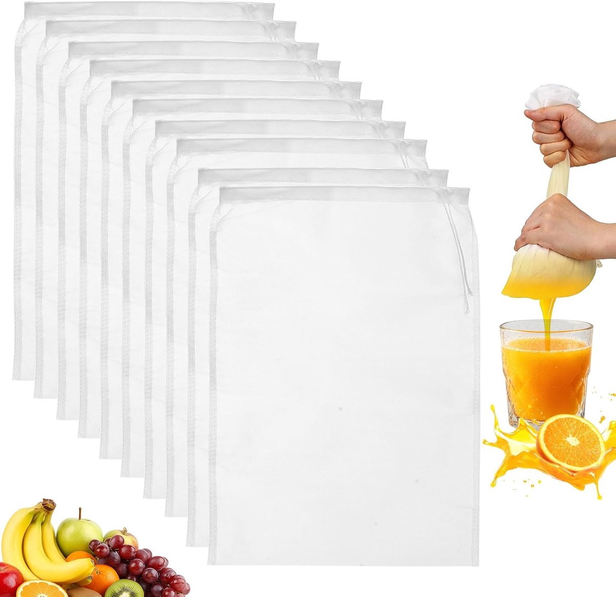 10 stuks notenmelkzakken, fijne zeef, herbruikbare zeefdoek, nylon filterzak, wasbaar, 24 x 36 cm, gaasdoek, keuken, kaasdoek met trekkoord voor notenmelk, kaas, yoghurt, vruchtensap