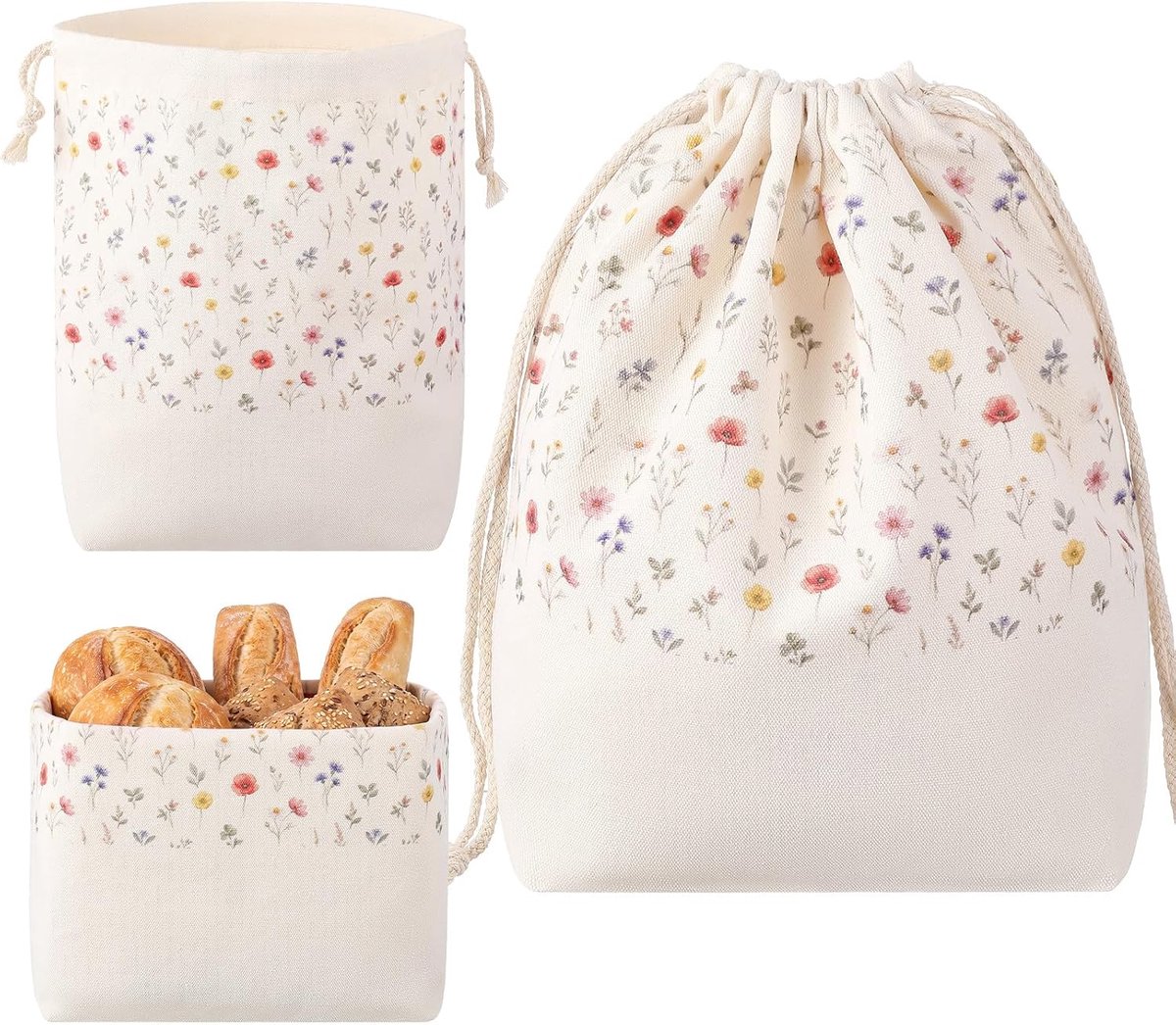Broodzak Voor Het Bewaren en Vers Houden Van Brood 3-in-1 Stoffen Broodmand 33 x 21 cm Broodzak Broodtas Katoenen Tas Met Trekkoord Herbruikbaar Voor Brood(Bloemenweide)